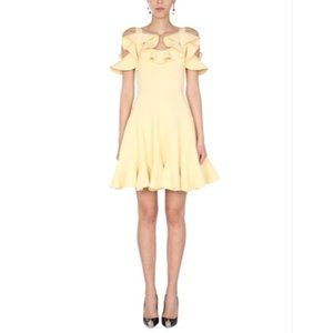 LOW START Alexander McQueen Light Yellow Cold Shoulder Ruffle Mini Dress Small